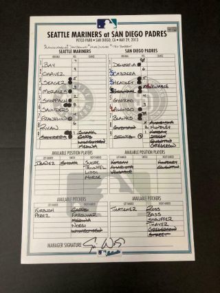 May 29,  2013 Seattle Mariners @ San Diego Padres Game Lineup Card Mlb Holo