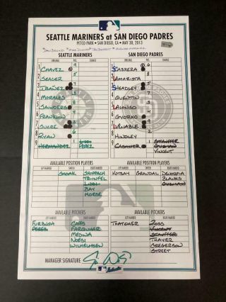 May 30,  2013 Seattle Mariners @ San Diego Padres Game Lineup Card Mlb Holo