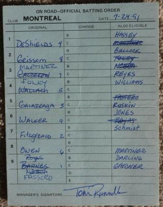 1991 Montreal Expos Game Line Up Card Vs San Diego Padres July 24