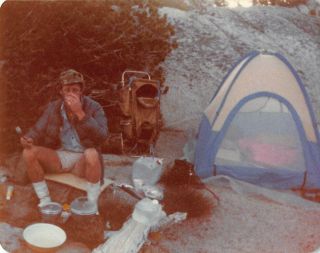 Backpacking Camping Man Pup Tent Campfire Shorts Bulge Gay Int Vtg 70s Photo 154