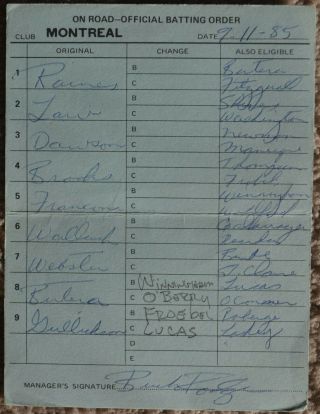 1985 Montreal Expos Game Line Up Card Vs Phillies 9 - 11 - 85 Buck Rodgers