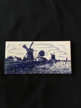 Vtg Delft Blue Holland Tile - Hand Painted Dutch Windmill - 6”x3”