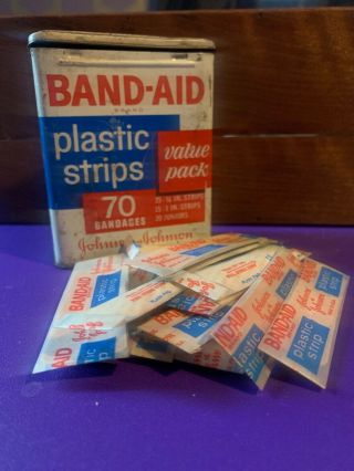 Vintage Johnson & Johnson Band - Aid Plastic Strips Value Pack Tin With Band - Aids