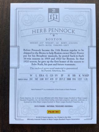 HERB PENNOCK 2015 National Treasures Game Jersey Patch /10 2