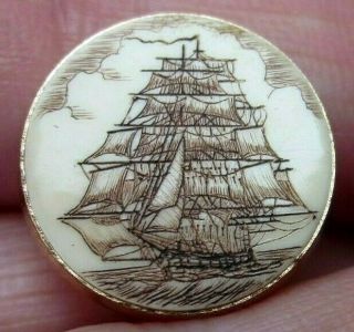 Vintage Brass Faux Scrimshaw Style Sailboat At Sea Button