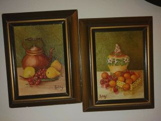 2 Vintage Framed Oil Paintings Still Life Fruit Basket
