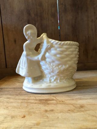Vintage Lady And Basket Ceramic Planter - Made In Japan Off White