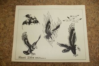 Vintage 1978 Spaulding & Rogers Tattoo Flash Sheet Birds,  Bats,  Eagles 216n
