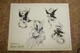 Vintage 1978 Spaulding & Rogers Tattoo Flash Sheet Eagles & Snakes 243n