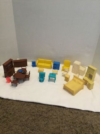 Vintage Plastic Doll House Furniture Mar 26 Pieces; Bedroom,  Living & Dining Rm