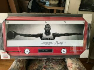 Michael Jordan Signed Wings Framed Poster Chicago Bulls 40x20 Pinpoint Rare