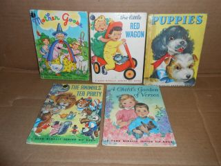 5 Vintage Junior Elf Books Childrens Animals Tea Party Little Red Wagon Etc.