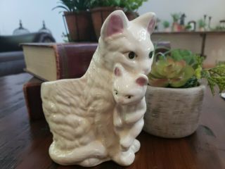 Vintage White Ceramic Cat And Kitten Flower Planter Holder Mother & Baby Kitty