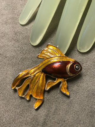Vintage 2 1/4 " Goldtone Amber Enamel Painted Fancy Koi Style Fish Pin - L