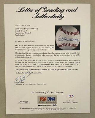 Ted Williams Single Signed Baseball Autographed PSA/DNA 9 LOA Red Sox HOF 3