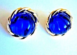 Vintage Avon Earrings Round Blue Stone Gold Trim