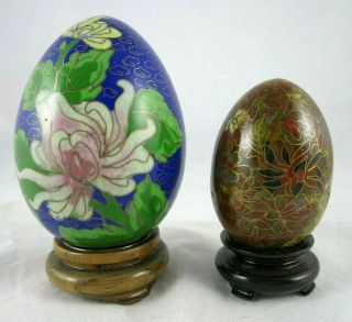 Vintage Cloisonne Eggs Floral Blue Green Brown Red Set Of 2 Wood Stand 3.  5 " 2.  5 "