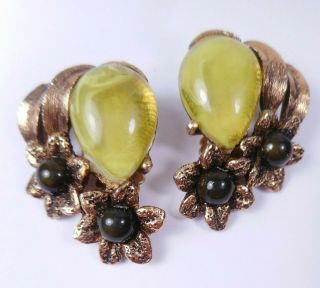 Vtg Signed Selini Marbled Yellow Green Lucite Cab Flower Earrings