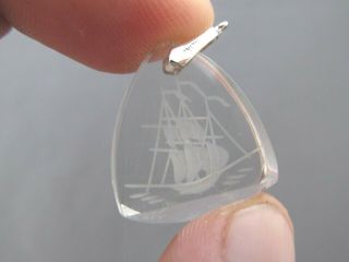 Vintage Sterling Etched Glass Scrimshaw Nautical Boat Ship Schooner Pendant