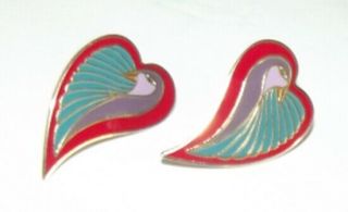 Vintage Laurel Burch Dove Heart Pierced Post Earrings Wings - In Very Good Cond