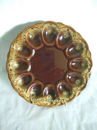 Vintage Pottery Brown Drip Glaze Deviled Egg Serving Plate