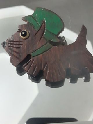Vintage Cute 1940 Wood Carved Scottish Hand Painted Dog With Hat Brooch