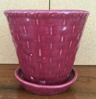 Vintage Morton Pottery Burgundy Basket Weave Flower Pot W/attached Saucer 5 1/2