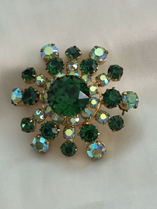 Vintage Austrian Green Blue Aurora Borealis Crystal Rhinestone Pin Brooch Signed