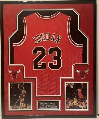 Michael Jordan Signed Red Jersey 23 Framed Upper Deck Authenitcated Uda