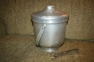 Vintage Italian Hammered Aluminum Ice Bucket With Handle & Claw Ice Tongs