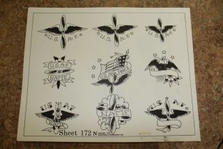 Vintage 1978 Spaulding & Rogers Tattoo Flash Sheet U.  S.  A.  F.  172n