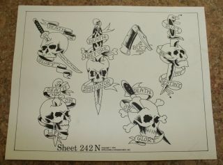 Vintage 1978 Spaulding & Rogers Tattoo Flash Sheet Daggers,  Skulls,  Buck 242n