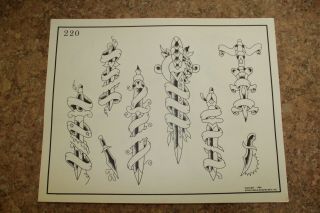 Vintage 1984 Spaulding & Rogers Tattoo Flash Sheet Daggers & Ribbon 220