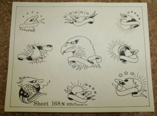 Vintage 1978 Spaulding & Rogers Tattoo Flash Sheet Eagle Heads 168n