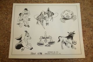Vintage 1976 Spaulding & Rogers Tattoo Flash Sheet Astrology 63n