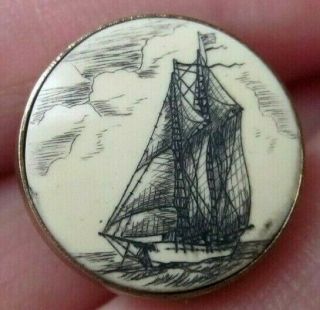 Vintage Brass Faux Scrimshaw Style Sailboat At Sea W/ American Flag Button