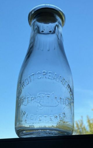 Srep Vintage Detroit Mich Creamery Co Dairy Pint Milk Bottle With Cap Slug Plate