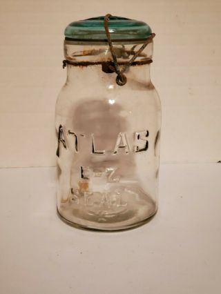Vtg Atlas E - Z Seal Quart Canning Jar Aqua Glass Lid