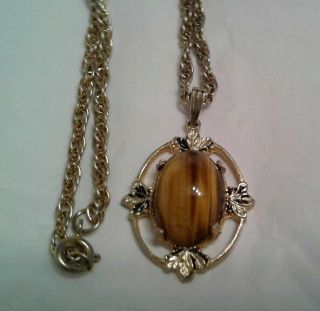 Vintage Costume Jewelry Tiger Eye Pendant Necklace 24 Inch Gold Tone Chain