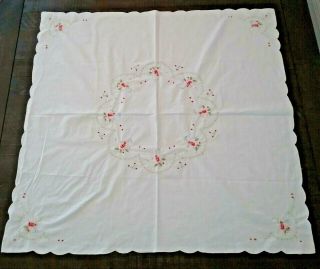 Vintage Table Cloth Linen Hand Stitched Floral Print Embroidery 31 " X 31 " Square