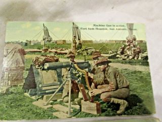 Vintage POSTCARD SAN ANTONIO TX FORT SAM HOUSTON Machine Gun in Action 1913ish 2
