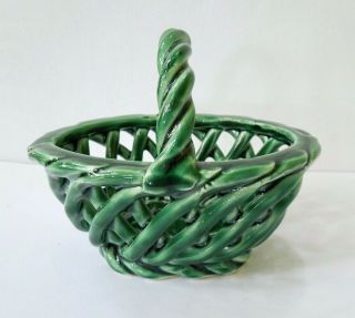 Vintage Italy Ceramic Lattice Basket W/ Handle Forest Green Bassano? 4 3/4 " X 4 "
