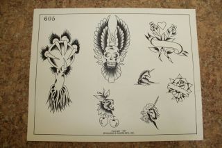 Vintage 1981 Spaulding & Rogers Tattoo Flash Winged Skull,  Unicorn,  Roses 605