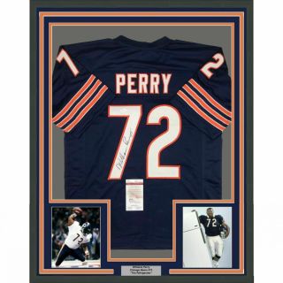 Framed Autographed/signed William Perry Refrigerator 33x42 Blue Jersey Jsa