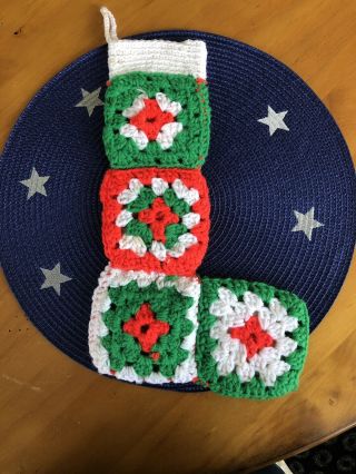 Hand Made Vintage Crocheted Christmas Stocking Granny Square Red Green Cream