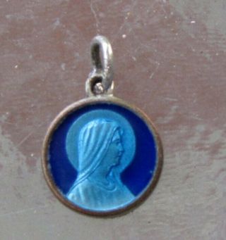 Vintage Silver & Blue Enamel Virgin Mary Catholic Medal Charm Pendant Two Sided