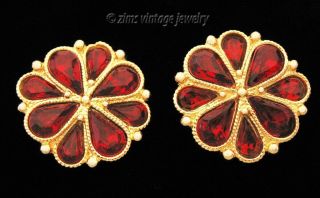 Vintage 1980’s Large Garnet Red Rhinestone Flower Gold Tone Earrings Clip On