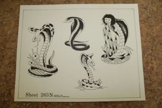 Vintage 1978 Spaulding & Rogers Tattoo Flash Sheet Snakes,  Cobras 263n