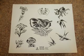 Vintage 1976 Picture Machine Tattoo Flash Sheet Birds,  Flowers,  Elephant.  82