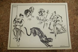Vintage 1984 Spaulding & Rogers Tattoo Flash Sheet Panther,  Samurai,  Rose 169